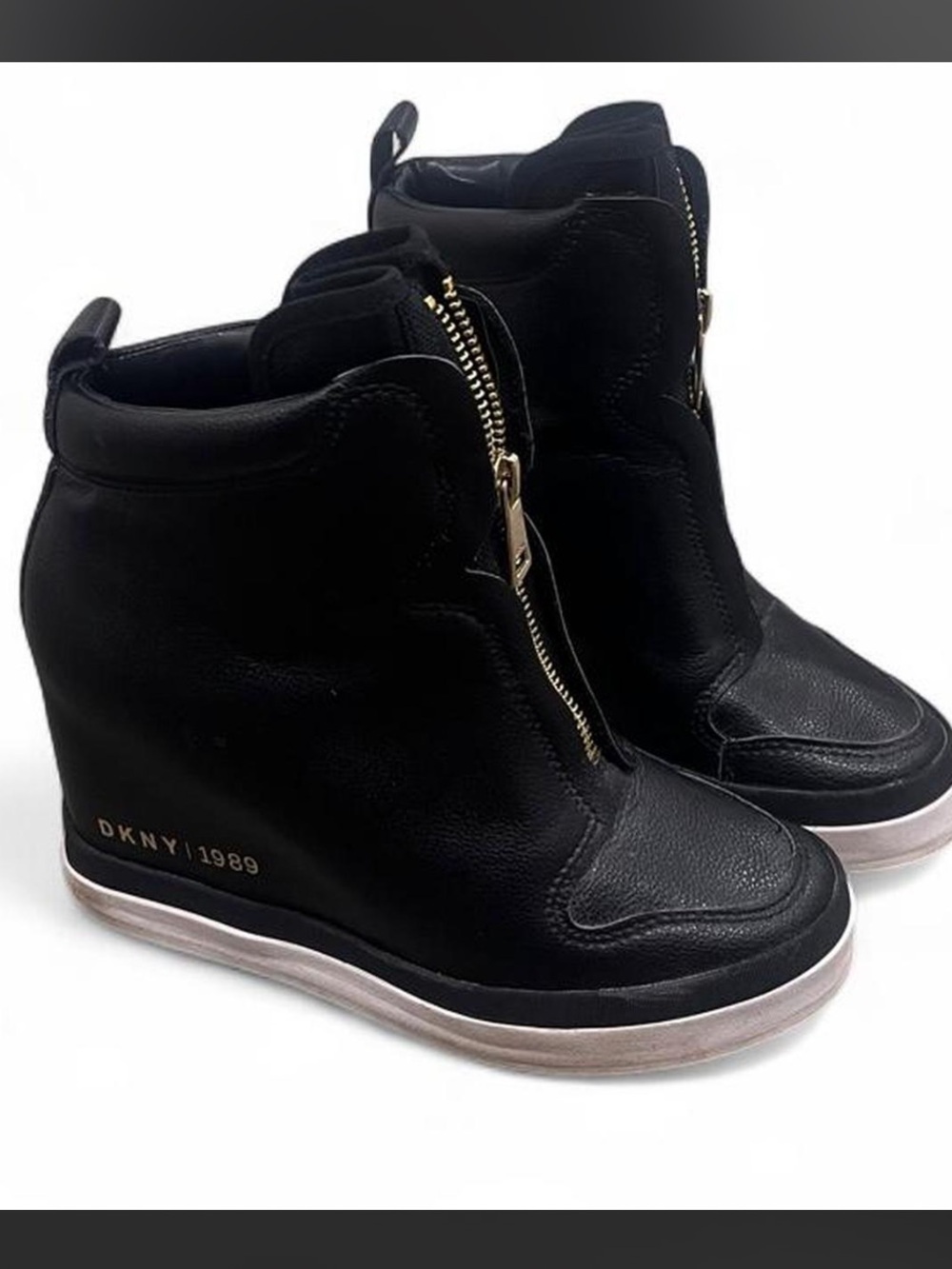 DKNY Black Leather Wedge Zip Sneaker